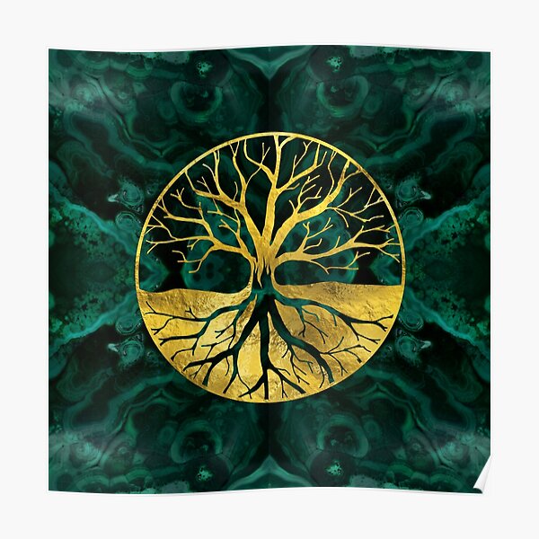 Golden Tree of Life Yggdrasil on Malachite Poster