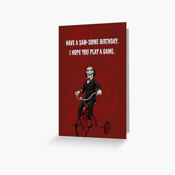 Vista previa del artículo con la obra «Tarjeta de cumpleaños de Saw Jigsaw Billy», diseñado y vendido por shopcosmiclatte.