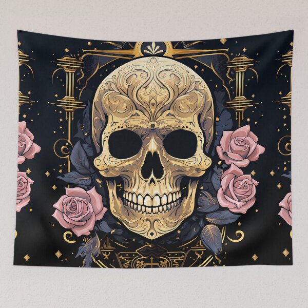 Artikelvorschau, Gothic Skull Pink Roses Golden Starry Frame entworfen und verkauft von AwakenedSoul.