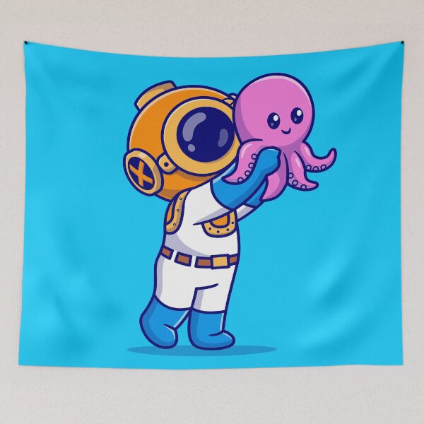 Item preview, Cute Diver Holding Baby Octopus: Cartoon Vector Icon Illustration designed and sold by hjian8219.