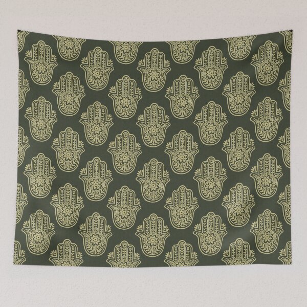 Artikelvorschau, Hamsa Flora Linocut Pattern - Pine + Gold entworfen und verkauft von Irene Estelle.