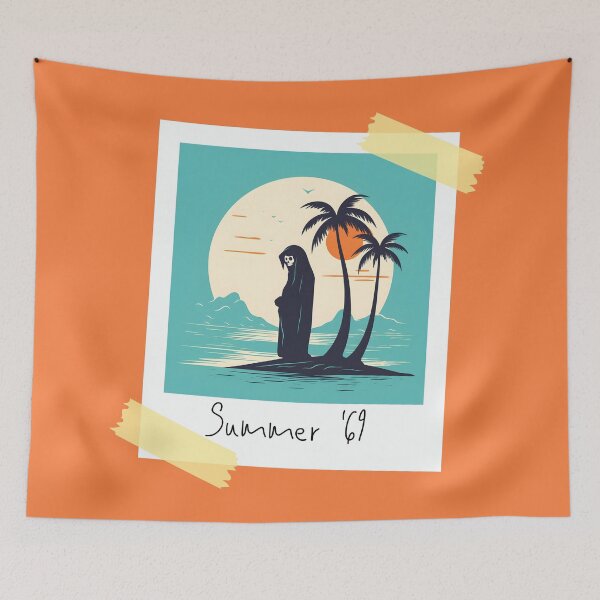 Aperçu de l'œuvre Grim Reaper Vacances Happy Snap | Halloween en été créée et vendue par MildOrangeStore.