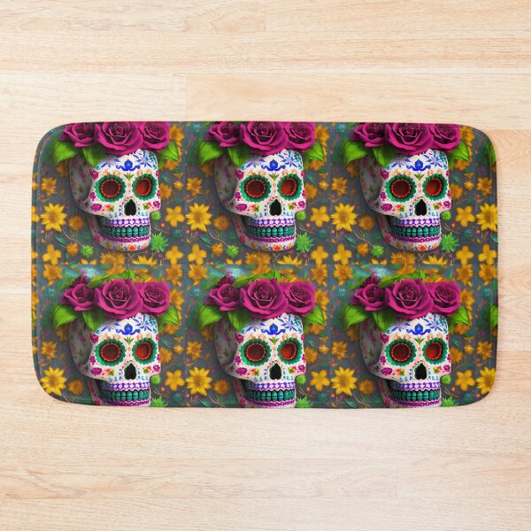 Item preview, Una calavera decorada al estilo mexicano, rodeada por flores multicolores y hojas naranjas designed and sold by IceCreamSmile.