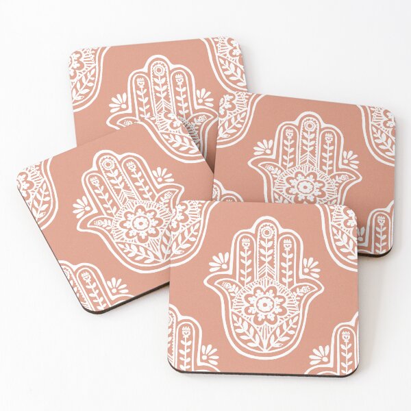 Artikelvorschau, Hamsa Flora Linocut Pattern - Coral + Snow entworfen und verkauft von Irene Estelle.