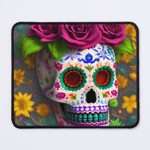 Item preview, Una calavera decorada al estilo mexicano, rodeada por flores multicolores y hojas naranjas designed and sold by IceCreamSmile.