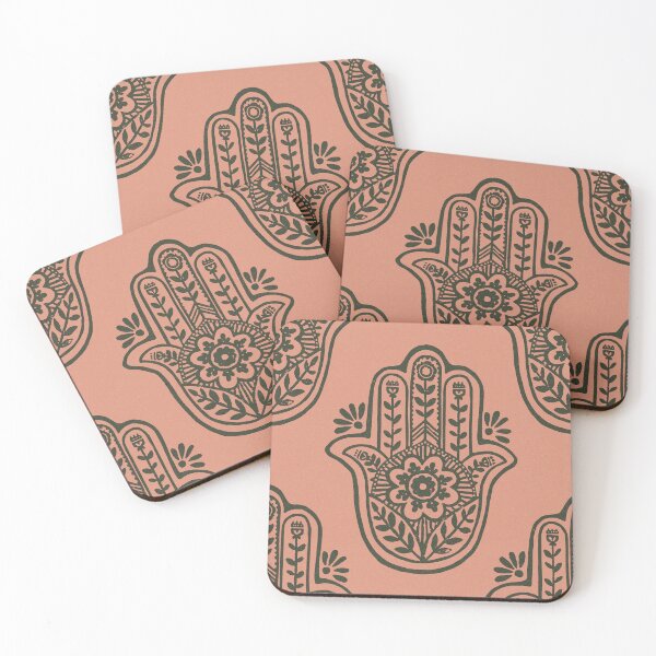Artikelvorschau, Hamsa Flora Linocut Pattern - Coral + Pine entworfen und verkauft von Irene Estelle.