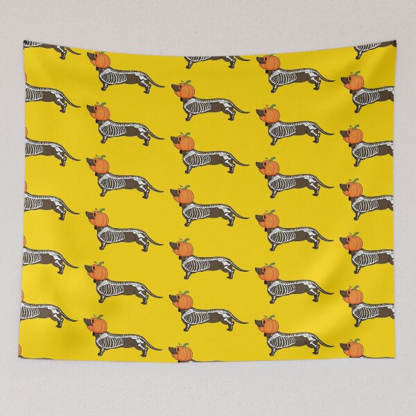 Item preview, Halloween Jack dachshund brown dot pumpkin yellow skeleton designed and sold by Itsdomd.