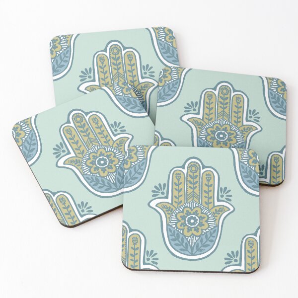 Artikelvorschau, Hamsa Flora Linocut Pattern - Mint, Gold, Sky, Snow, Peacock entworfen und verkauft von Irene Estelle.
