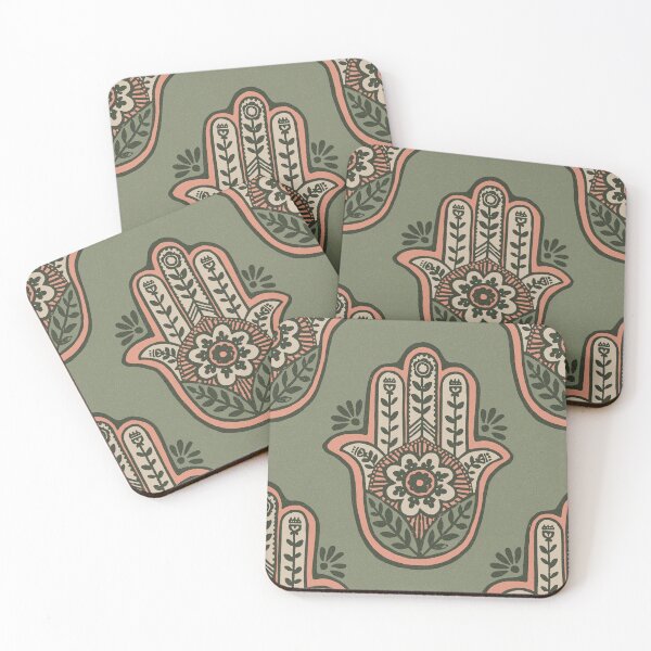 Artikelvorschau, Hamsa Flora Linocut Pattern - Sage, Coral, Dove, Pine entworfen und verkauft von Irene Estelle.