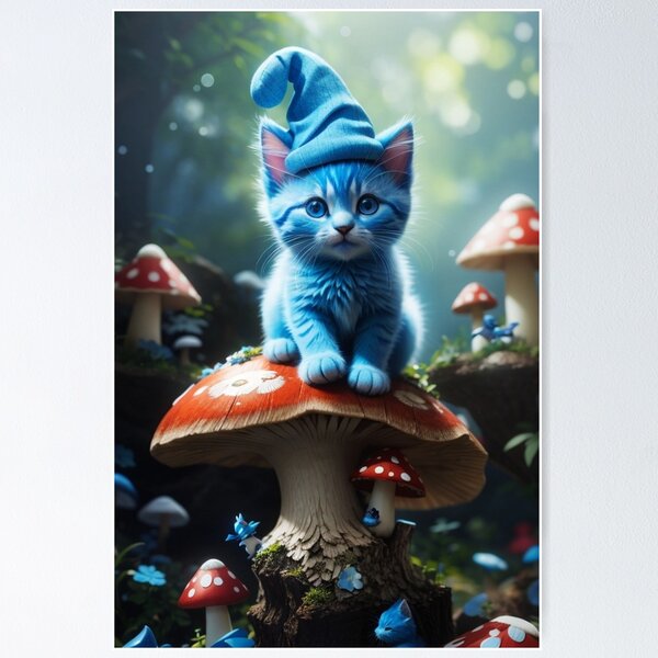 smurf cat, blue cat, cute cartoon blue kitten in a cap