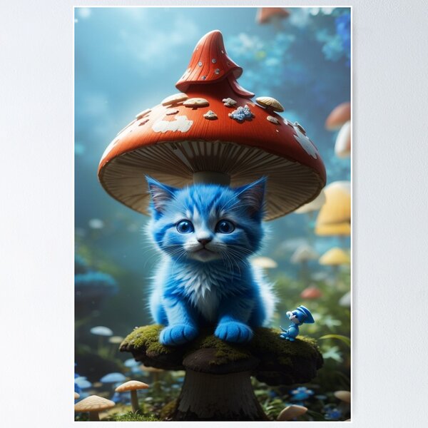 smurf cat, blue cat, cute cartoon blue kitten in a cap