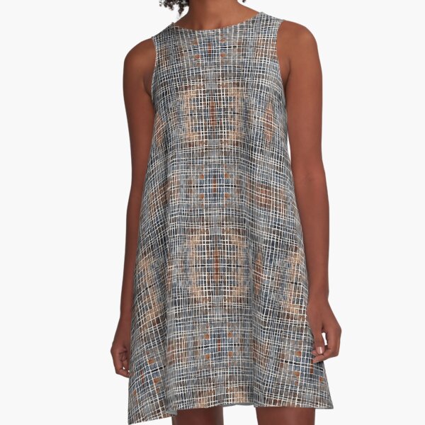 Rust Brown and Taube Blue Watercolor Grid Pattern A-Line Dress