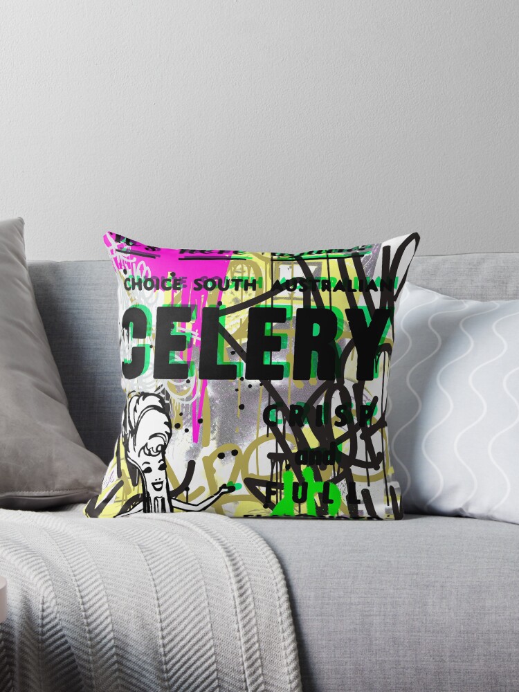 Thumbnail 1 of 3, Throw Pillow, Celery Crisp Vintage Graffiti designed and sold by blackink-design.