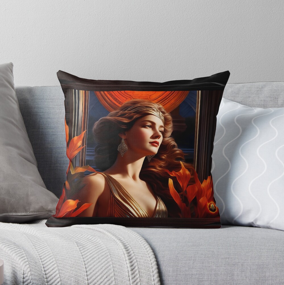 Goddess Of The Sun Art Deco Romantic Glamour AI Concept Art by Xzendor7 - The Beauty Of Light 4 Goddess Of The Sun Art Deco Romantic Glamour Beautiful AI Concept Art Portrait by Xzendor7 Decorative Throw Pillow