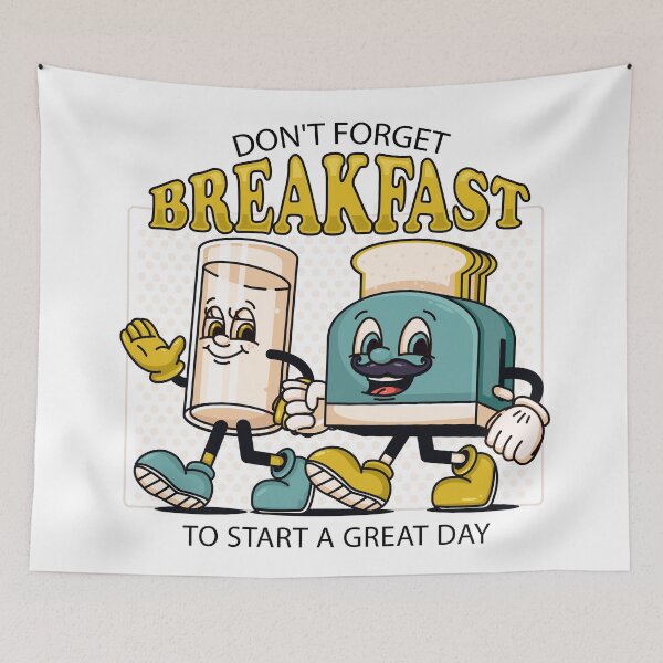 Item preview, Don't Forget Breakfast, a retro mascot of a toaster and a glass of milk designed and sold by Kevyn Adha.