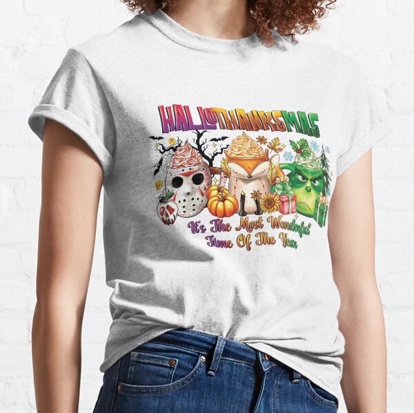 Happy Hallothanksmas Coffee Lover Fall Halloween Christmas Ghost Season The Grinch Thanksgiving Spooky Classic T-Shirt