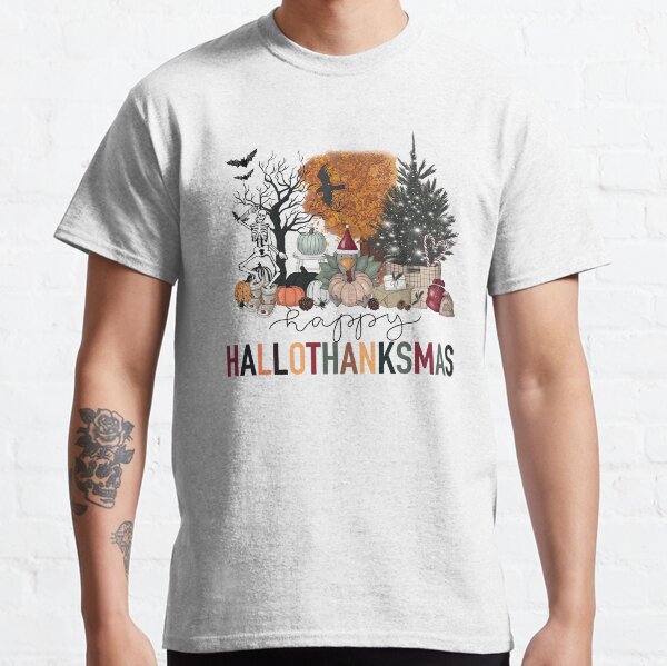 Feliz día de gracias Halloween Navidad Lindo Día de Acción de Gracias Esqueleto Calabaza Espeluznante Temporada de fantasmas Camiseta clásica
