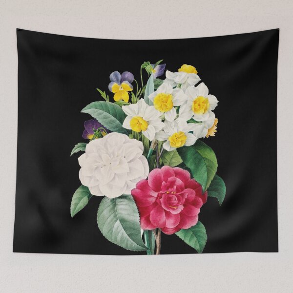 Item preview, Camellia, Daffodil and Pansy bouquet by Pierre-Joseph Redouté + Scientific name designed and sold by 29Bumblebee.