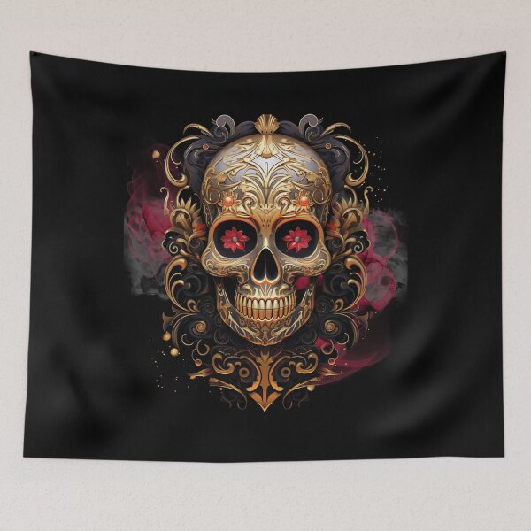 Item preview, Golden Psychedelic skull with flowers as eyes and smokin background designed and sold by Vindbult.