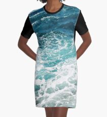 Blue Ocean Waves Graphic T-Shirt Dress