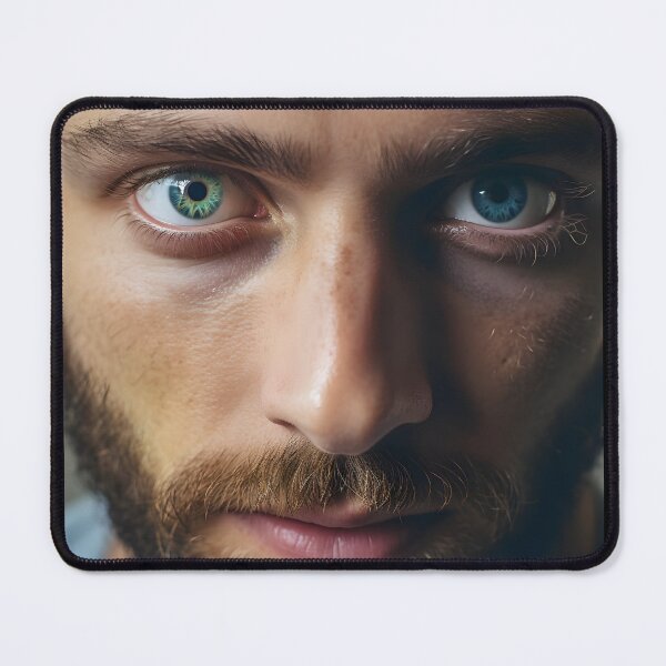 Item preview, Captivating close-up of a man in the style of two coloured eyes designed and sold by AI-Only Creations.