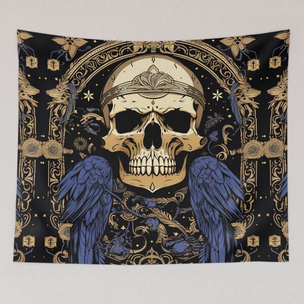 Artikelvorschau, Gothic Skull Blue Raven Angel Wings Golden Starry Frame entworfen und verkauft von AwakenedSoul.