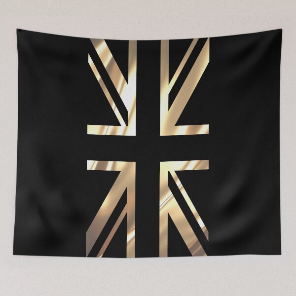 Aperçu de l'œuvre DRAPEAU UNION JACK NOIR ET OR créée et vendue par RedBubbleBoom.
