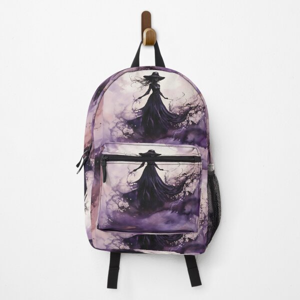 Item preview, Watercolor painting of a witch in a long purple dress in the style of mysterious backdrops designed and sold by AI-Only Creations.