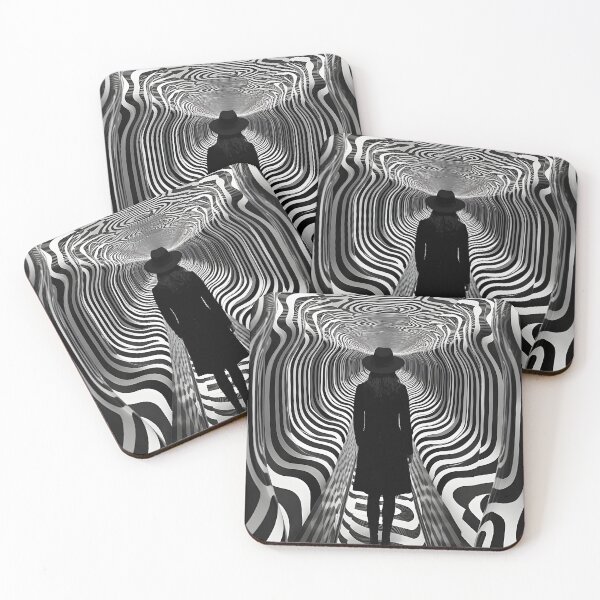 Item preview, A person in a black hat walking down a black and white psychedelic tunnel designed and sold by AI-Only Creations.