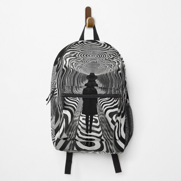 Item preview, A person in a black hat walking down a black and white psychedelic tunnel designed and sold by AI-Only Creations.