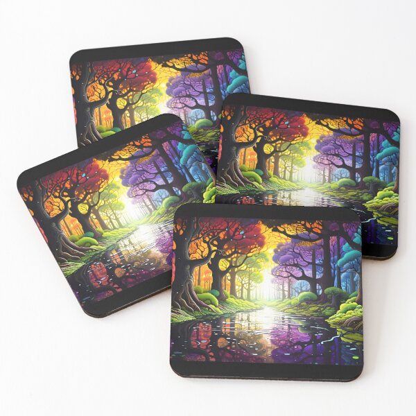 Item preview, Rainbow colored painting of a forest with water in the style of optical illusionism designed and sold by AI-Only Creations.