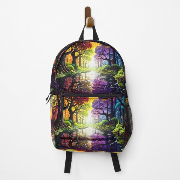 Item preview, Rainbow colored painting of a forest with water in the style of optical illusionism designed and sold by AI-Only Creations.