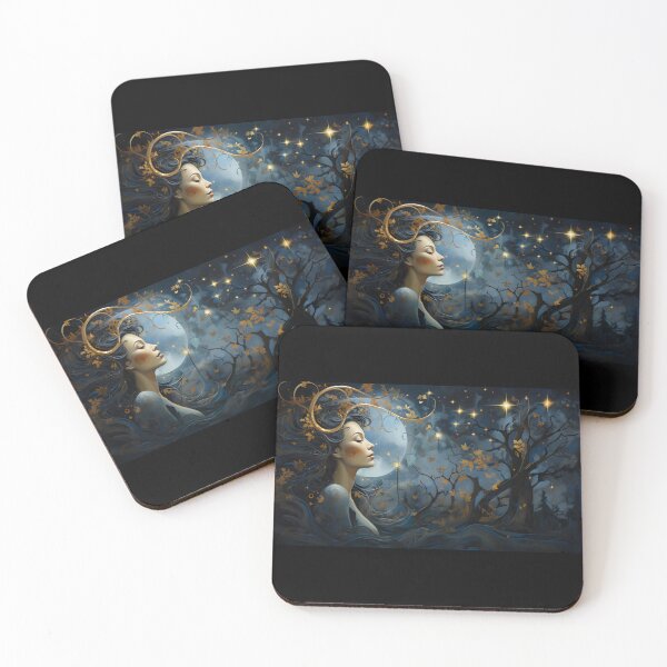 Item preview, A painting of a dreamy woman under the full moon with stars in the background designed and sold by AI-Only Creations.