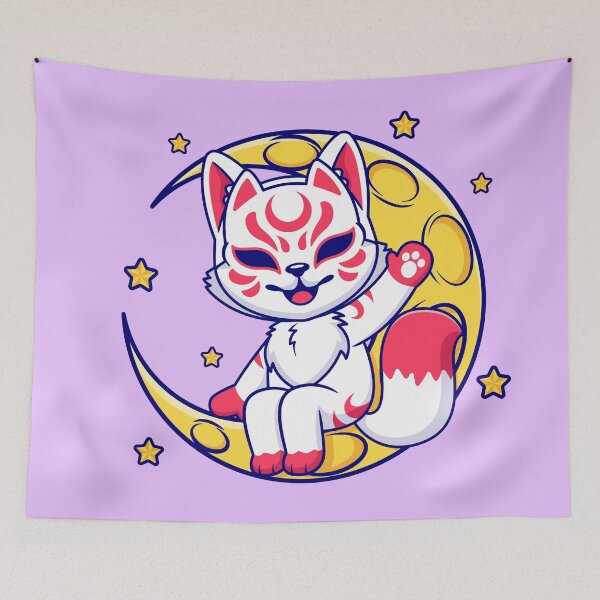 Item preview, Cute Fox Kitsune Sitting on Moon: Holiday Illustration" designed and sold by hjian8219.