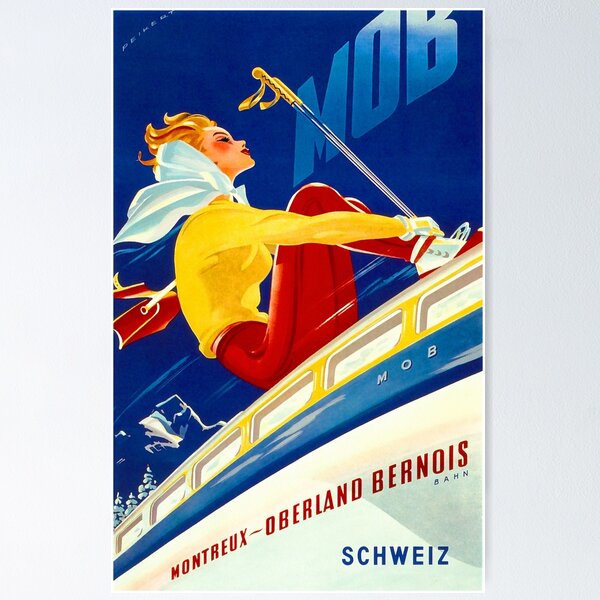 Item preview, Vintage Swiss Skiing travel Sport ski travel poster designed and sold by Glimmersmith.