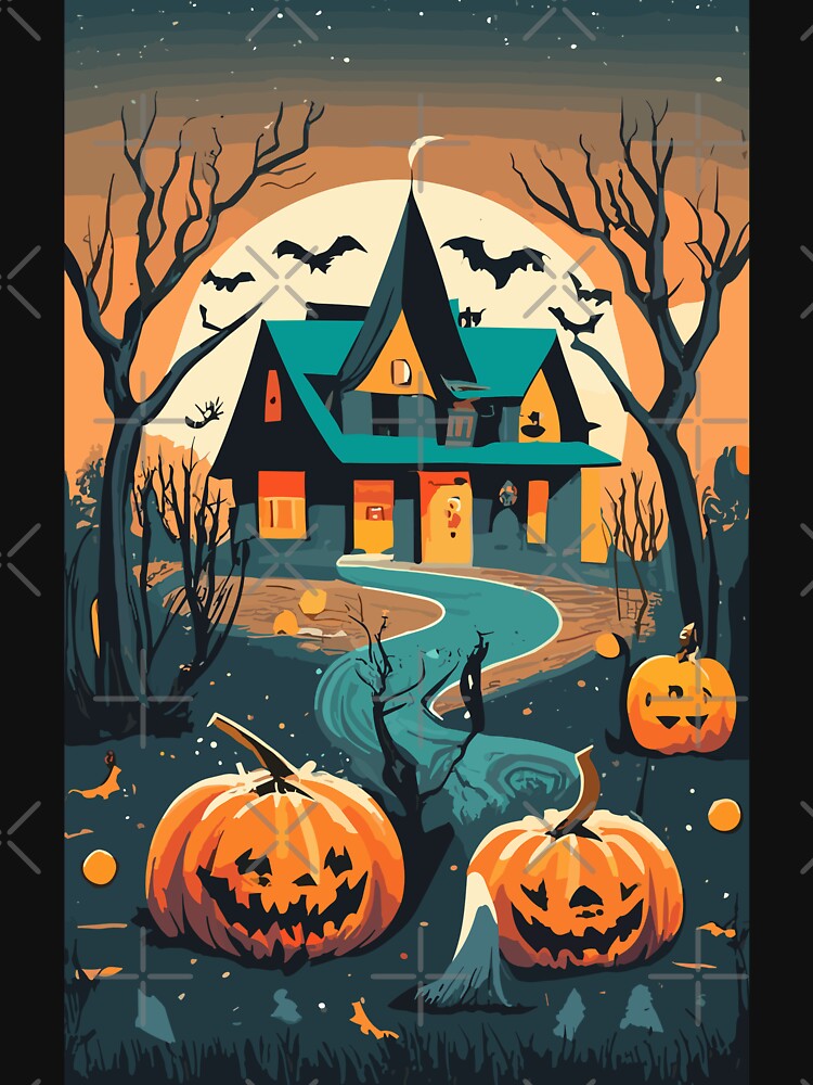 Halloween Spooky T-Shirt Haunted Jack-o'-Lantern House Orange Cotton Nice  Mens L