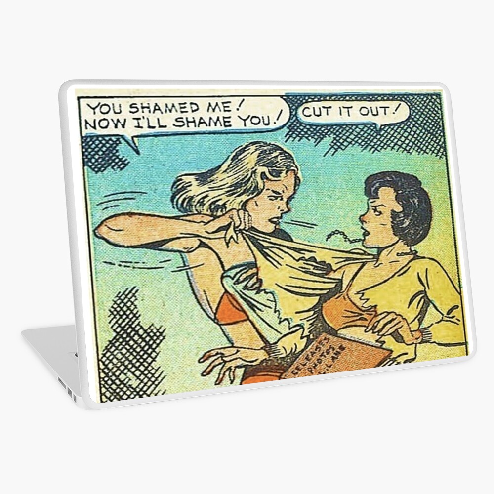 Vintage Comic Book Fighting Women Shame On You Old Comic Strip Pin-up Graphic Laptop Skin