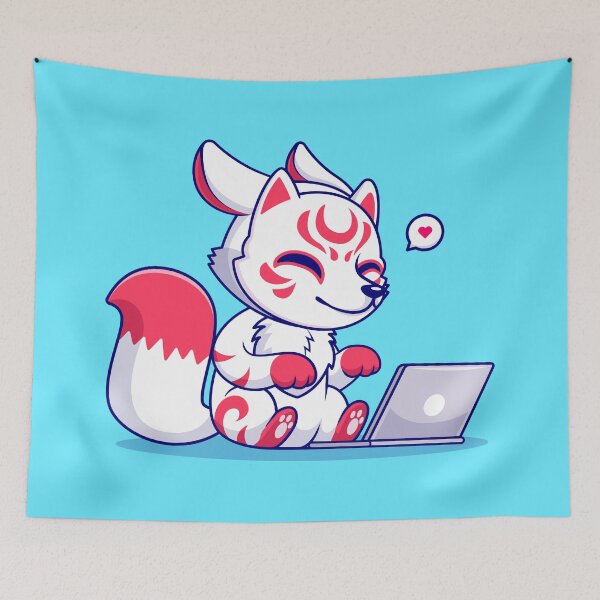 Item preview, Cute Fox Kitsune Working on Laptop Cartoon Vector Icon Illustration designed and sold by hjian8219.