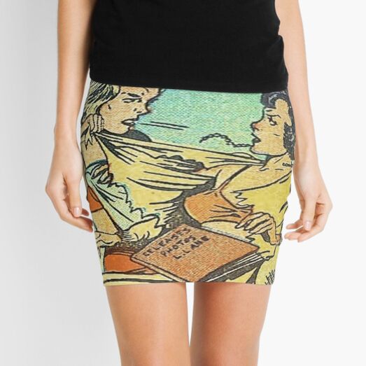 Vintage Comic Book Fighting Women Shame On You Old Comic Strip Pin-up Graphic Mini Skirt