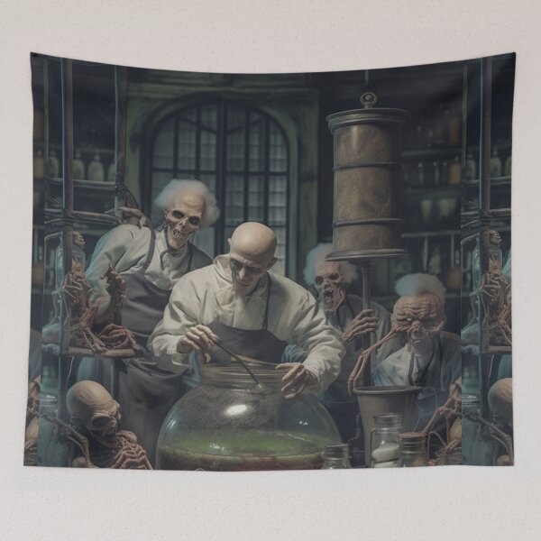Item preview, Creepy halloween alchemy science lab run by creature art hybrid art skeletons horror dead designed and sold by Baba  Yaga's Cards.