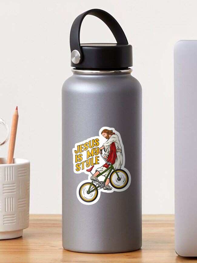 Thumbnail 1 of 3, Sticker, Christ on a bicycle - BMX Jesus designed and sold by ChristlikeMerch.