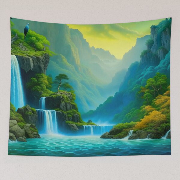 Item preview, Teal Blue Waterfall Vista Painting  designed and sold by celartinspire.