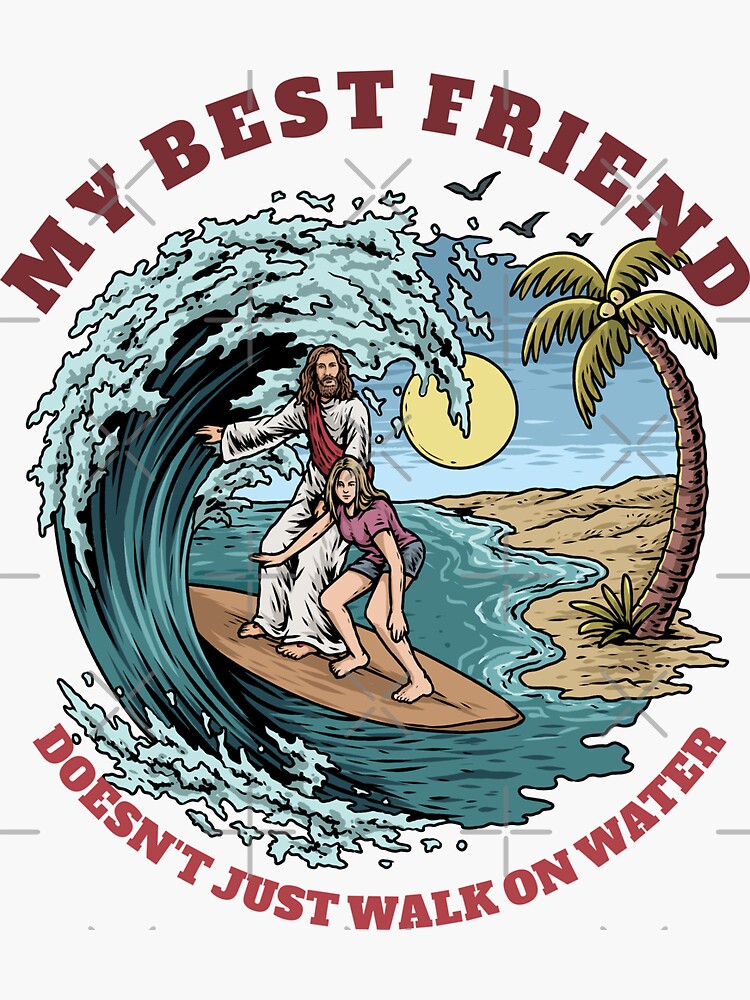 Thumbnail 3 of 3, Sticker, Jesus And Woman Surfing designed and sold by ChristlikeMerch.