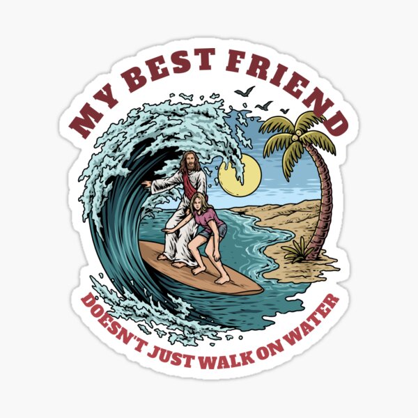 Jesus And Woman Surfing Sticker