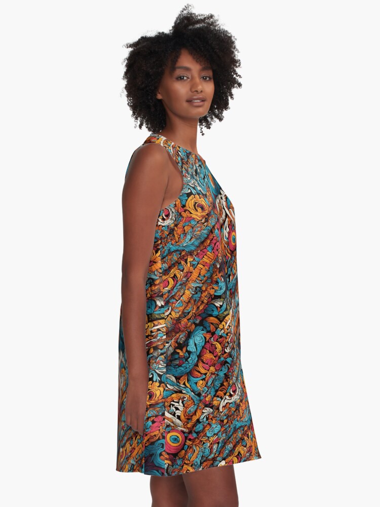 Thumbnail 2 of 4, A-Line Dress, Blue, Orange, and Pink Abstract Dreams designed and sold by DJALCHEMY.