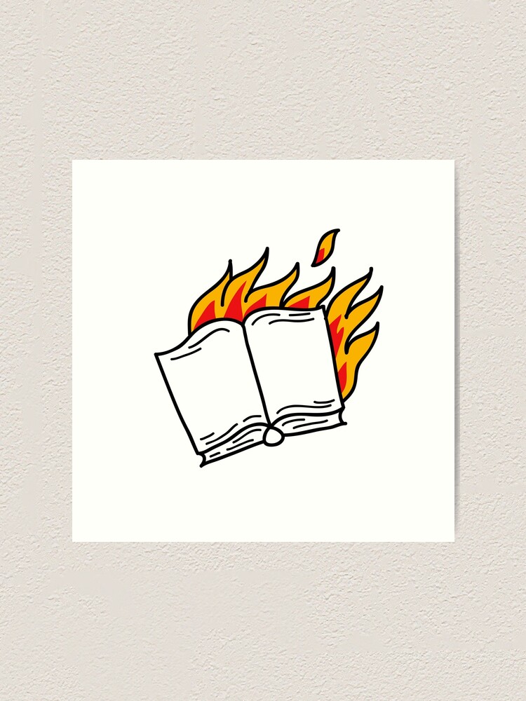 "book on fire illustration traditional tattoo flash" Art Print by