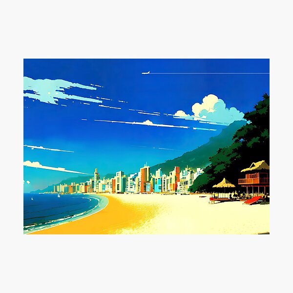 Japan, Okinawa, anime city on the bay — City Pop art, anime landscape poster, retrowave/vaporwave poster, 80s, panoramic poster. Hayao Miyazaki's art style