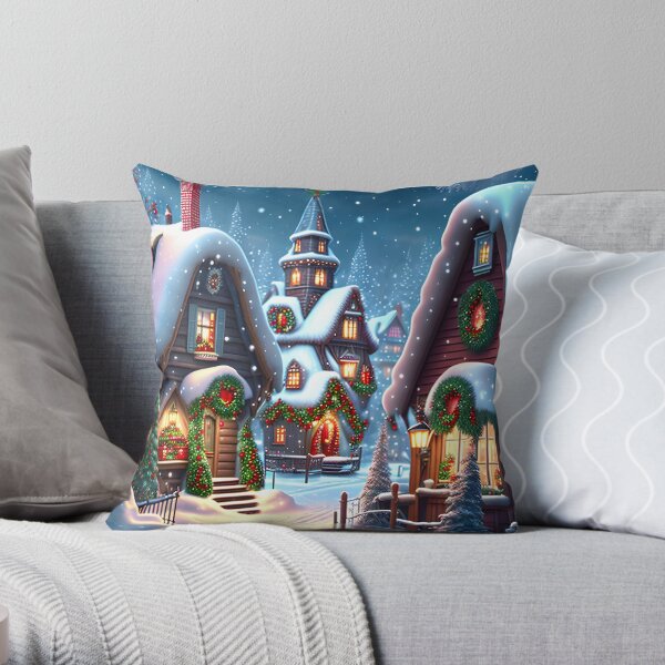 Charming snowy Christmas village Throw Pillow