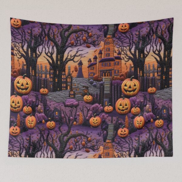 Item preview, Embroidered Halloween Pattern, Castle, Pumpkins, Trees designed and sold by Sunmoonlove.