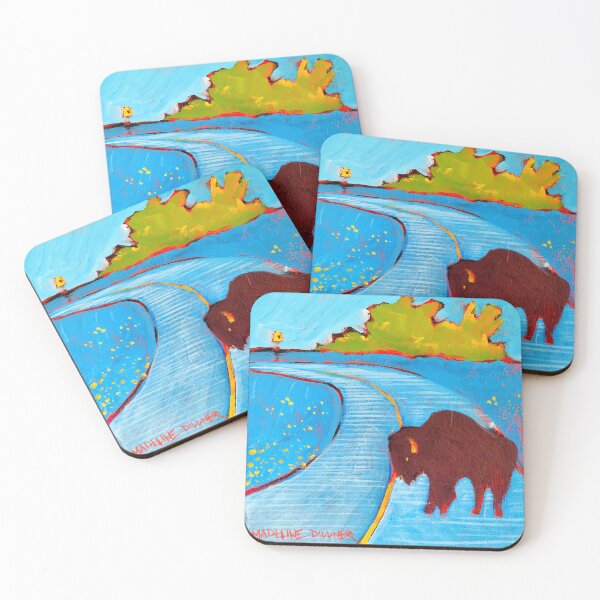 Item preview, Wichita Mountain Bison Crossing the Road in Blue designed and sold by Mad World Art Ltd. Co..